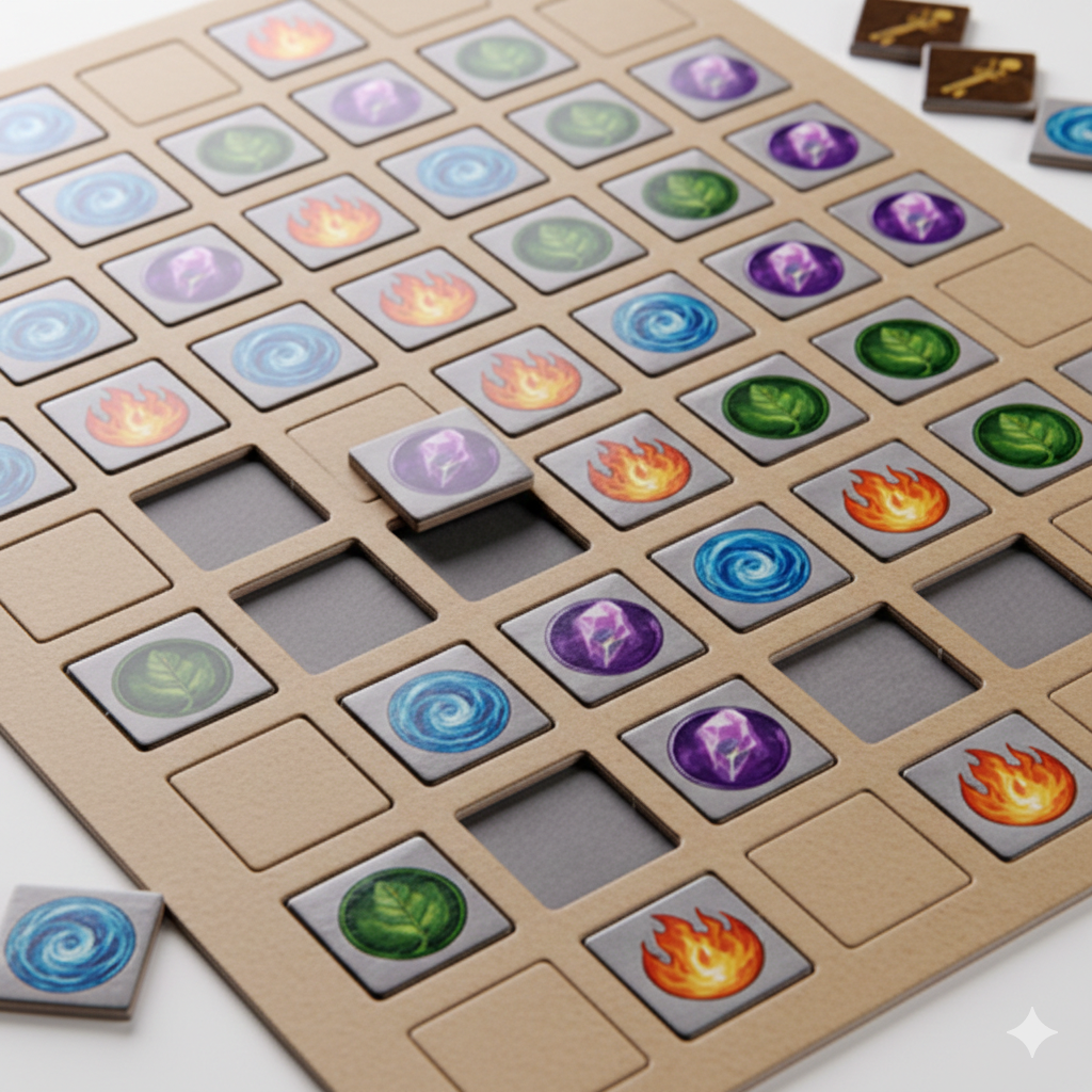 Cardboard punchboard with die-cut tiles and tokens for a board game