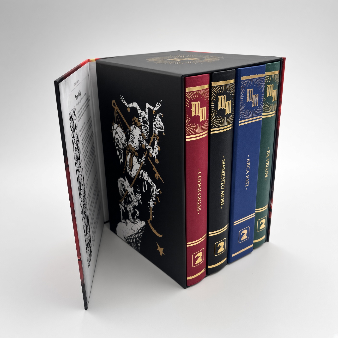 Black book slipcase with a magnetic game board, holding three game books