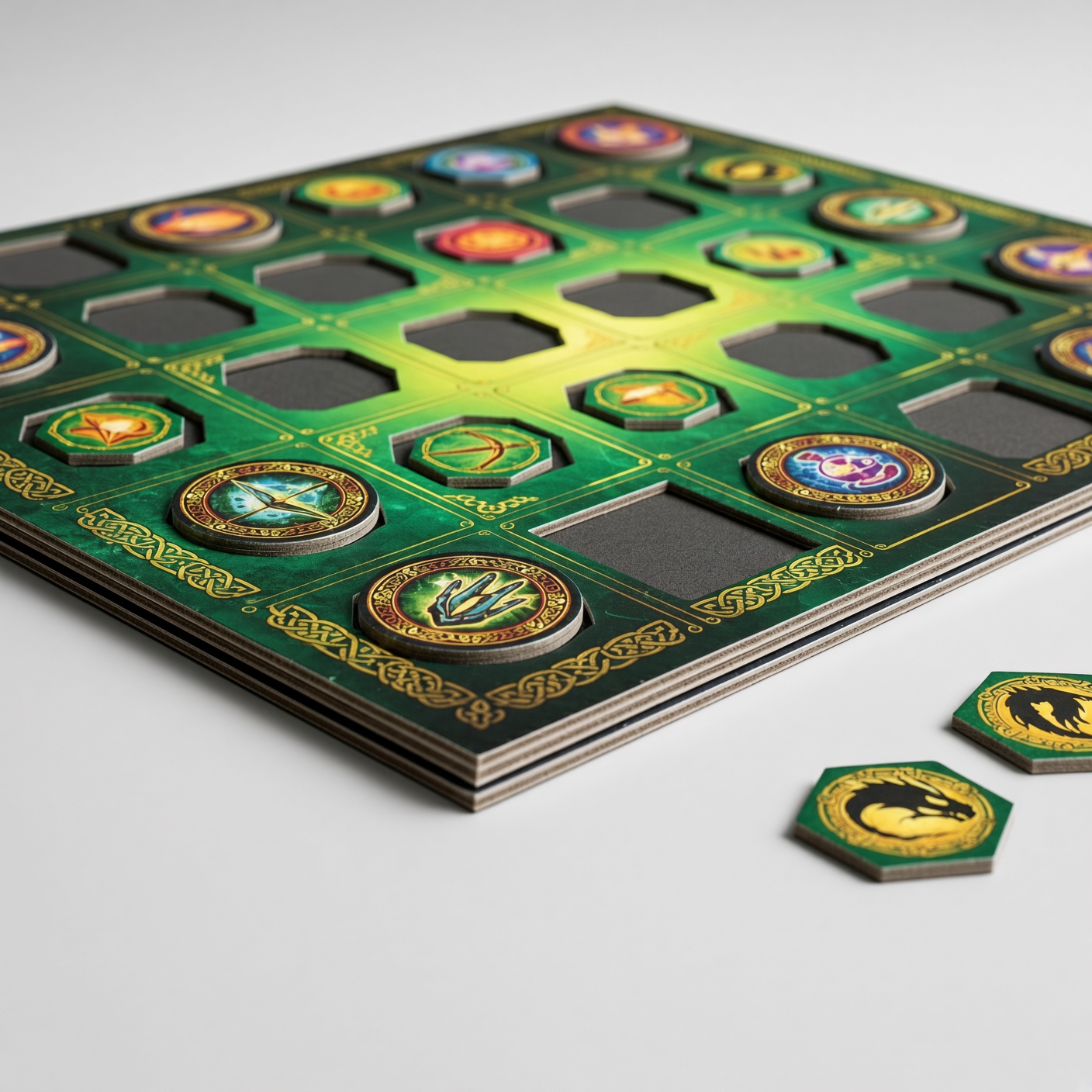 Green punchboard with die-cut round tokens, with hexagonal tokens alongside