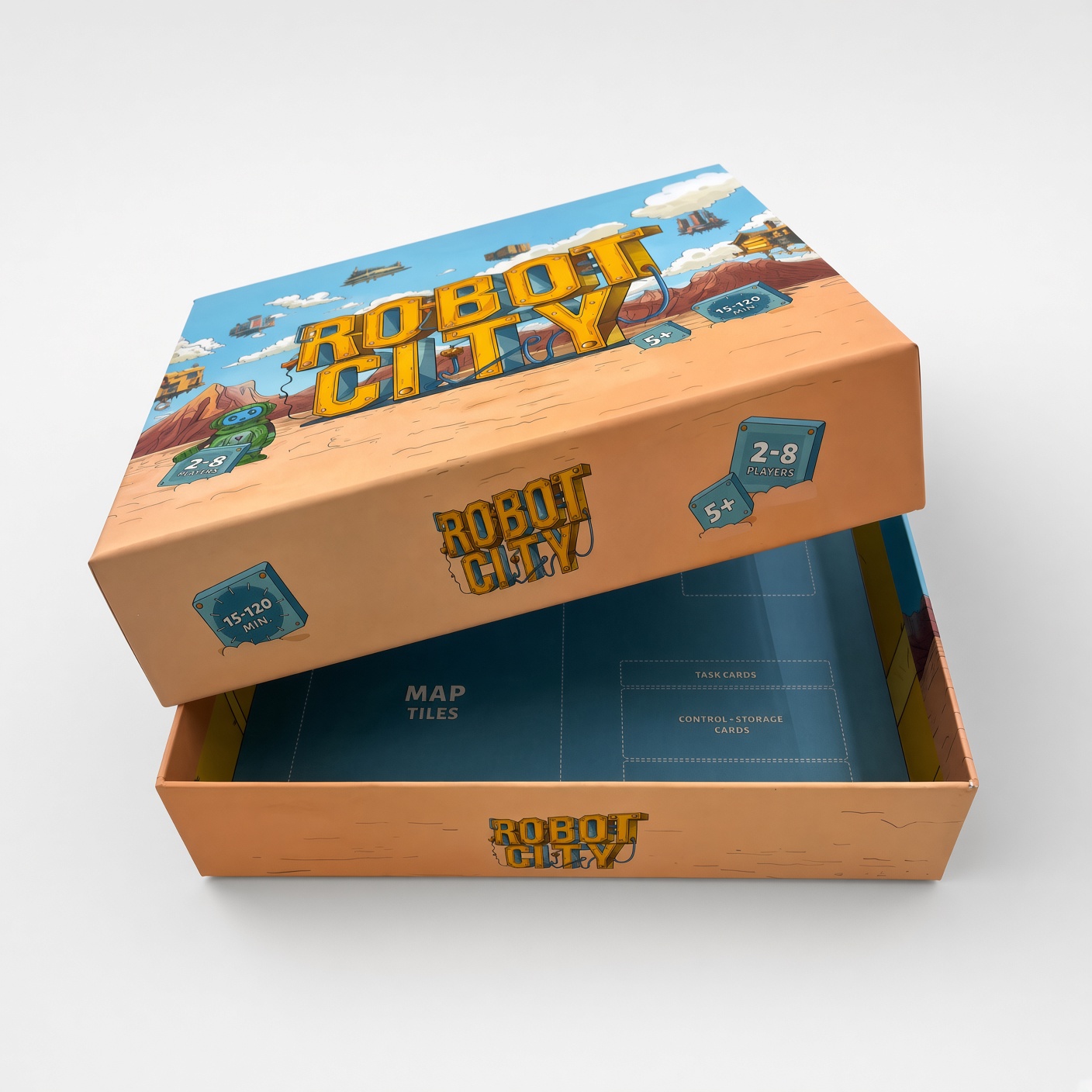 Rigid board game box with the lid open, showing print on the inside