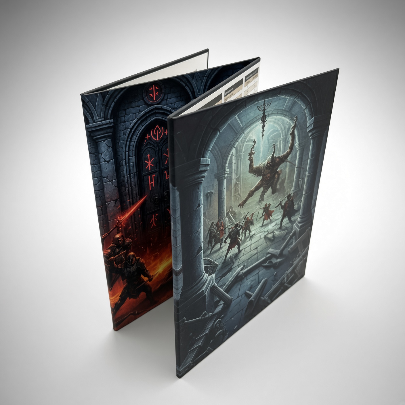Standing rigid RPG screen with dark fantasy illustrations of a castle and warriors