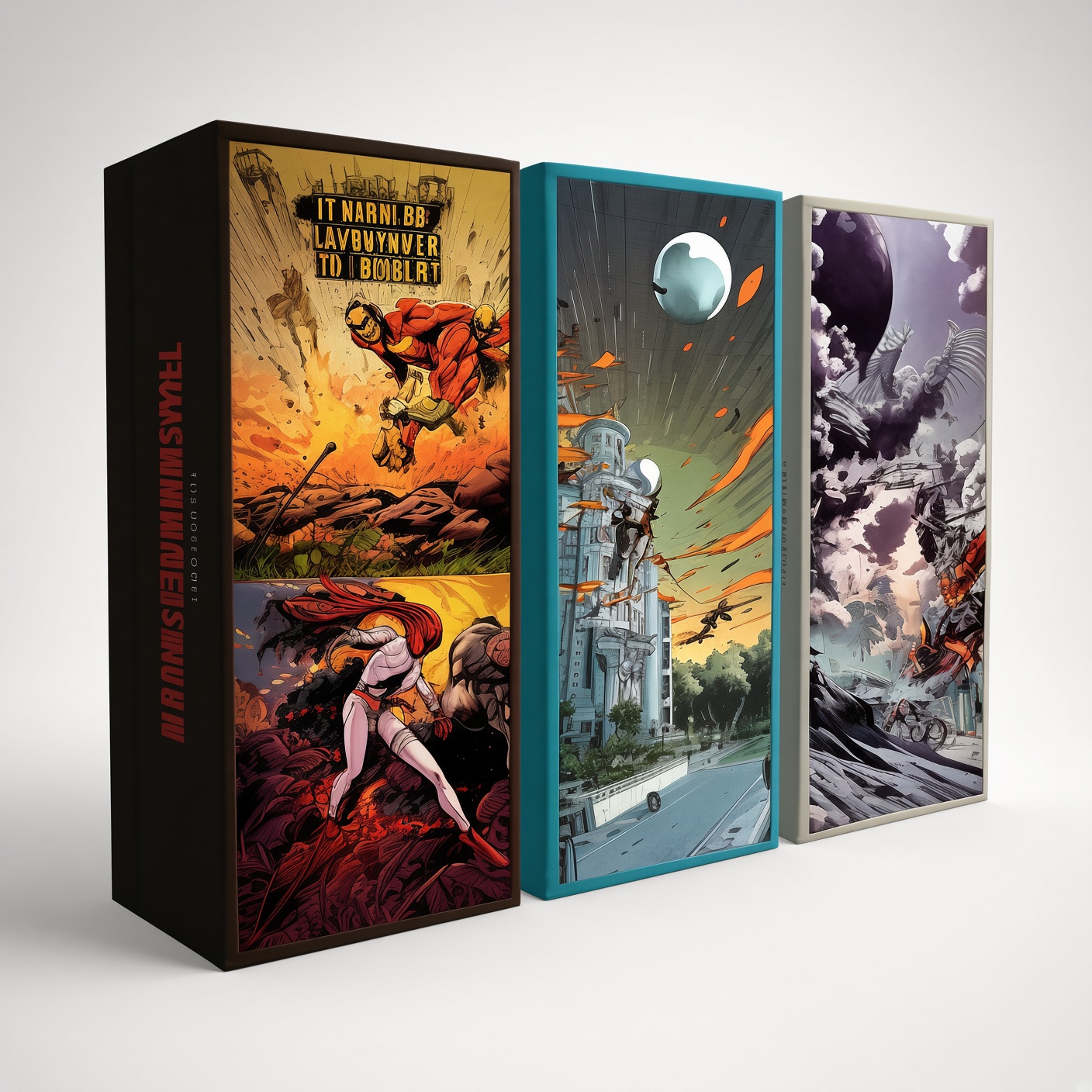 Set of three rigid boxes with comic-style illustrations