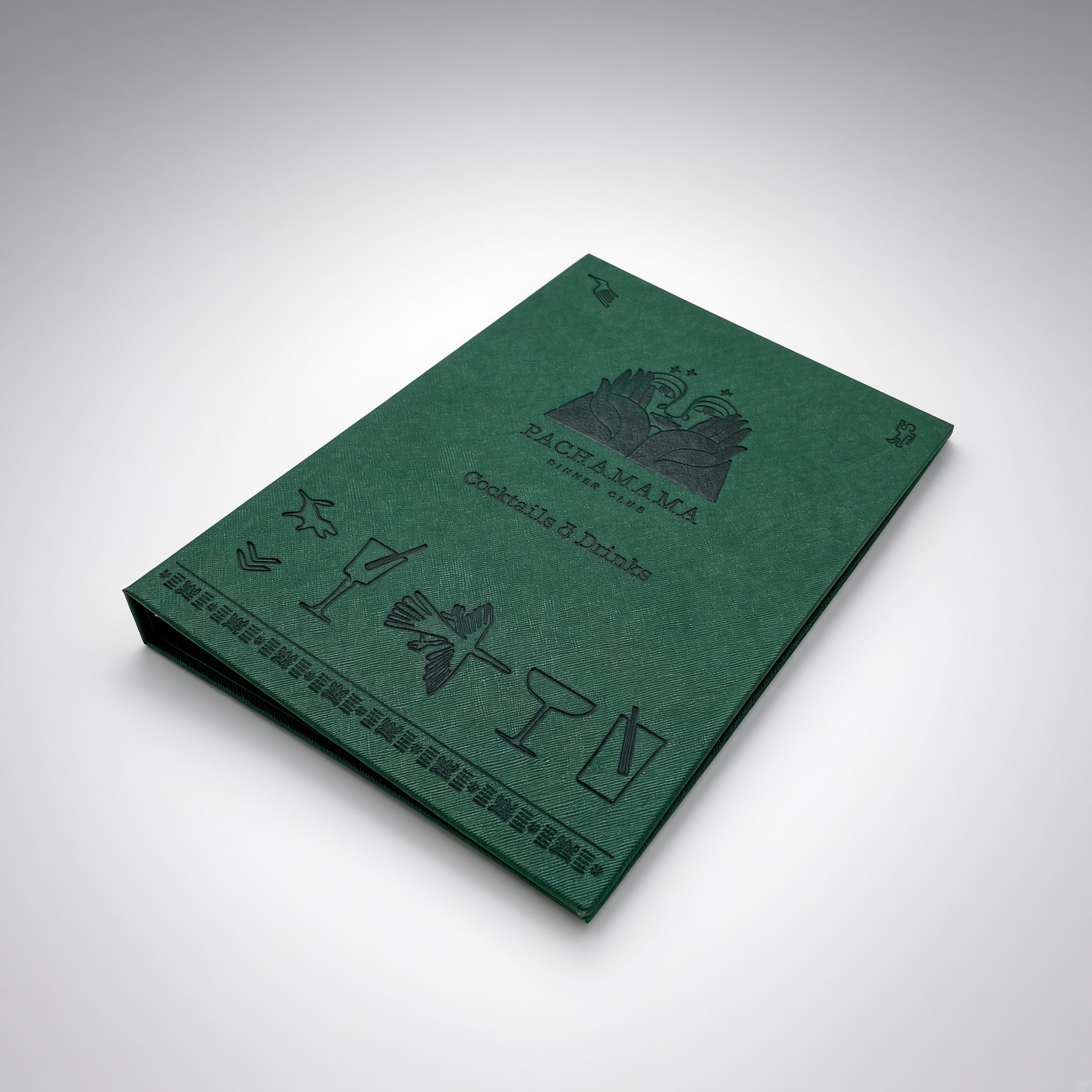 Green textured restaurant menu binder with a debossed logo and cocktail icons