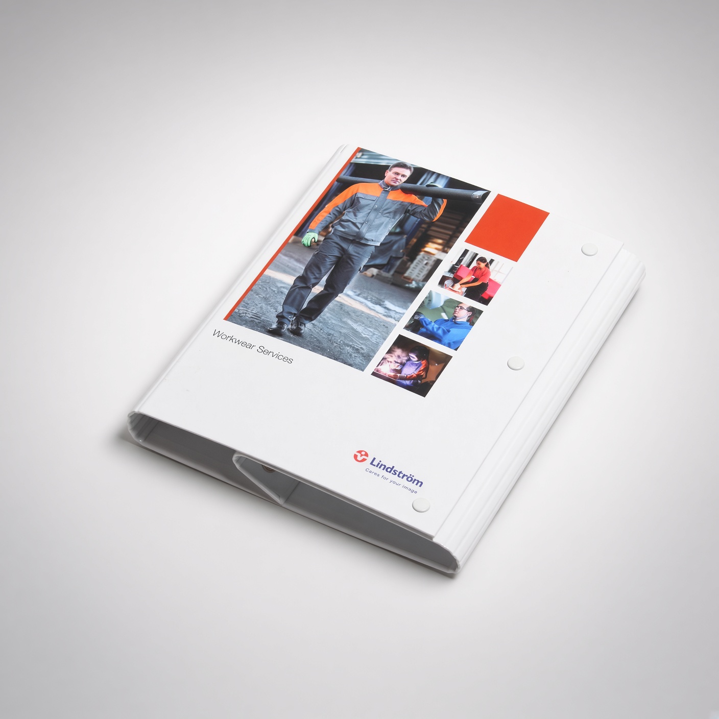 White ring binder with a full-colour corporate brochure cover