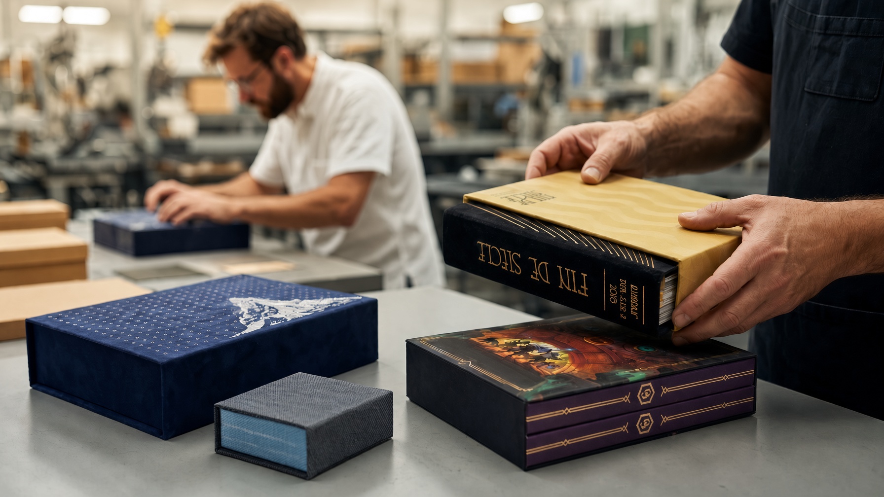 Staff in the production hall checking the quality of slipcases and boxes; in the foreground, a book in a slipcase and other presentation packaging